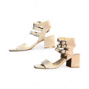 Taupe Suede Block Heel Sandals Strappy Neutral Minimal Vince Camuto Size 9